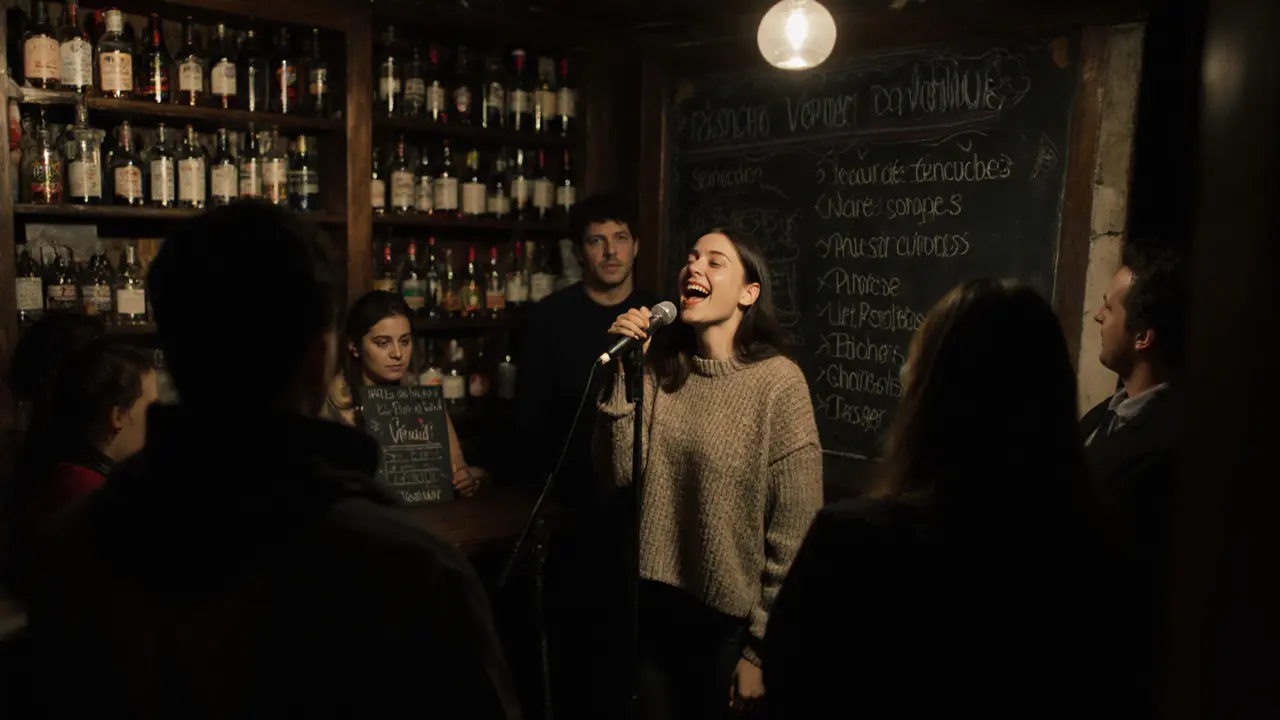 A woman singing passionately at a quiet neighborhood karaoke bar with simple decor and warm lighting.