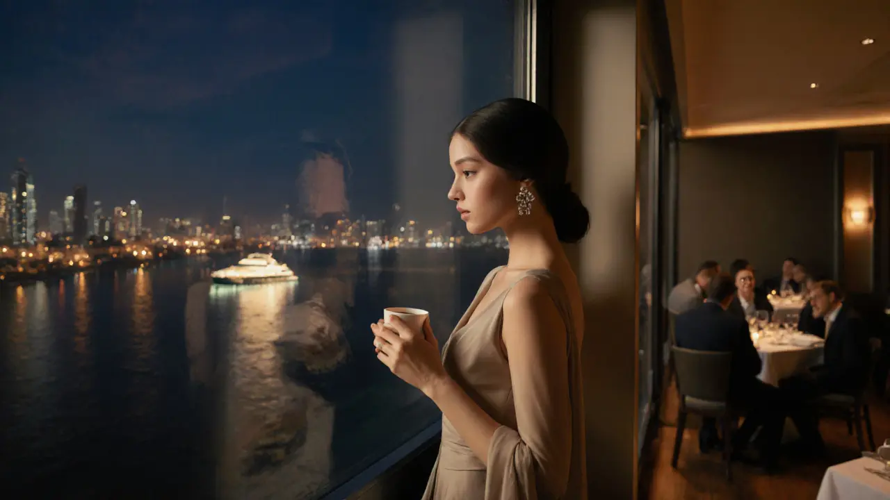 A woman stands by a rooftop window overlooking Abu Dhabi&#039;s Corniche, holding coffee, city lights glowing softly in the background.