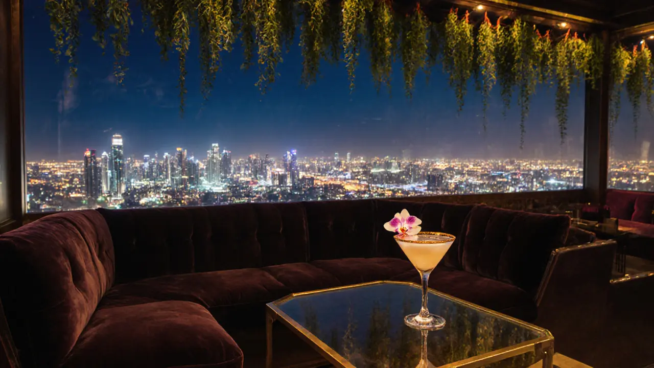 Al Maha Sky Lounge with glowing skyline, velvet seating, and a golden-rimmed cocktail.