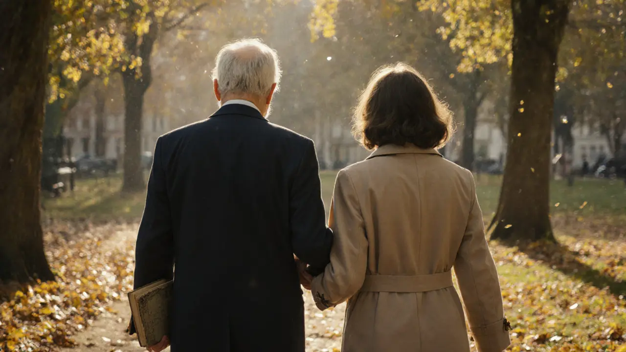 An elderly professor and a woman walking through autumn Hyde Park, holding a book, in silent companionship.