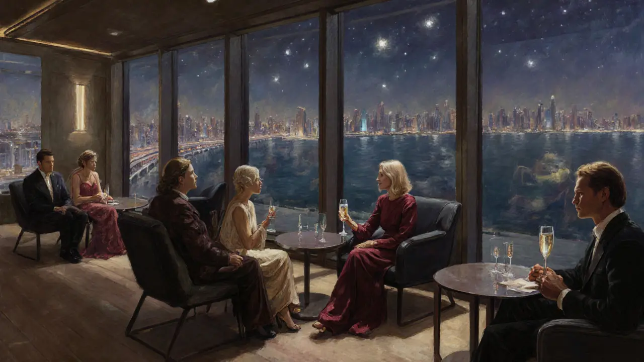An elegant rooftop lounge with guests in silence, overlooking the city skyline under stars, no phones or cameras visible.