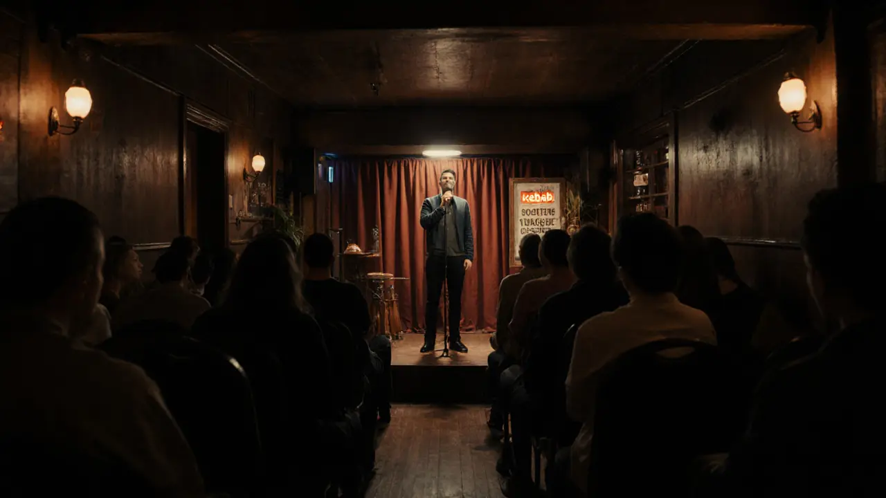 An intimate comedy club setting with a single performer and attentive audience in soft lighting.