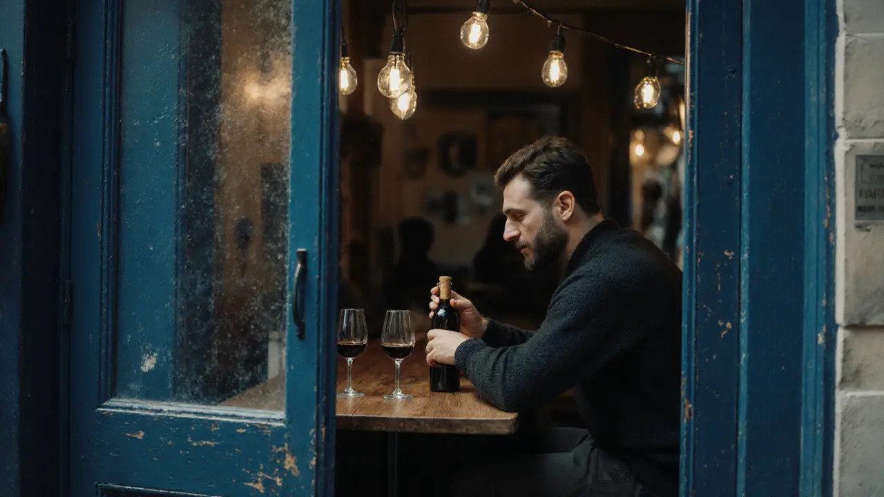 An intimate wine lounge with string lights and quiet conversation between two people.