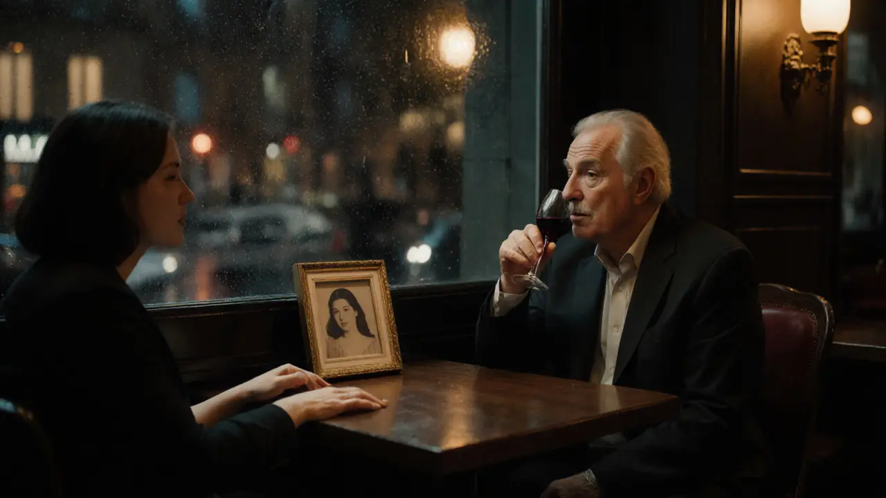 An older man and woman share a quiet moment in a Parisian jazz bar, honoring memory and presence.