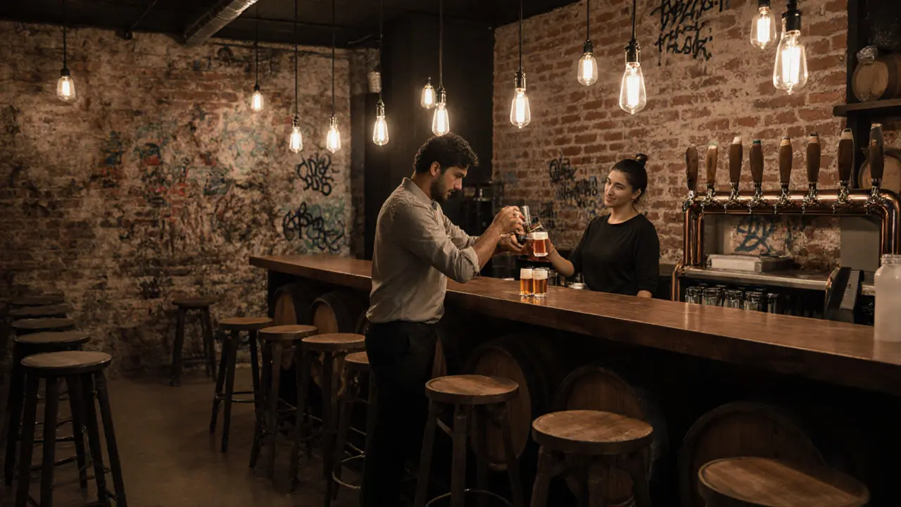 Bartender pouring craft beer flights in a warehouse-style bar with exposed brick walls.