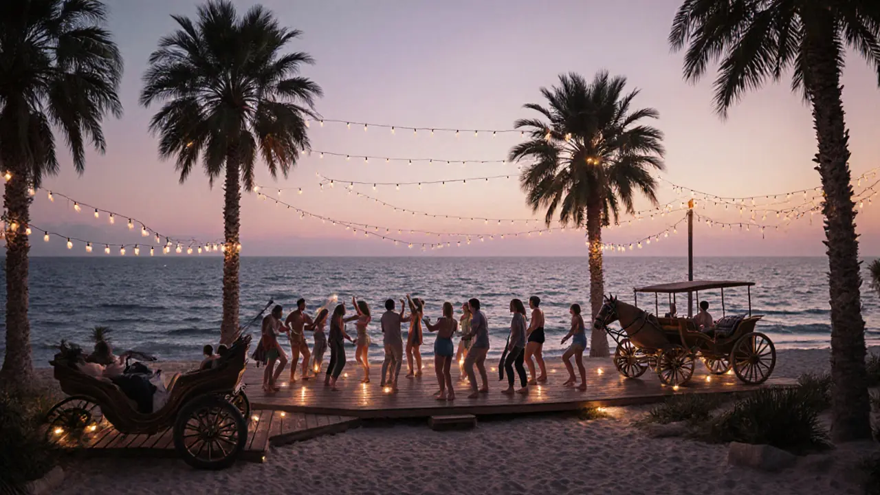 Beach club on Büyükada at dawn, dancers under fairy lights with waves and horse-drawn carriage nearby.