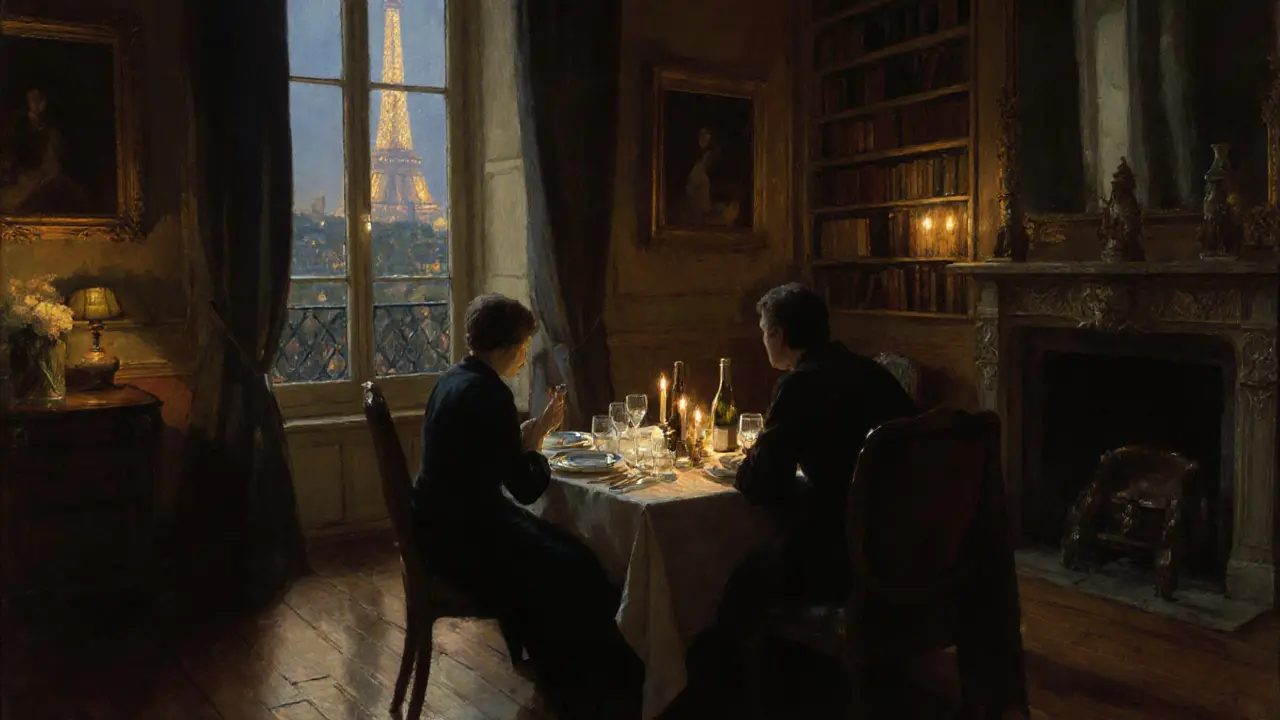 Candlelit dinner in a historic Paris townhouse, two figures sharing quiet conversation under soft lamplight.