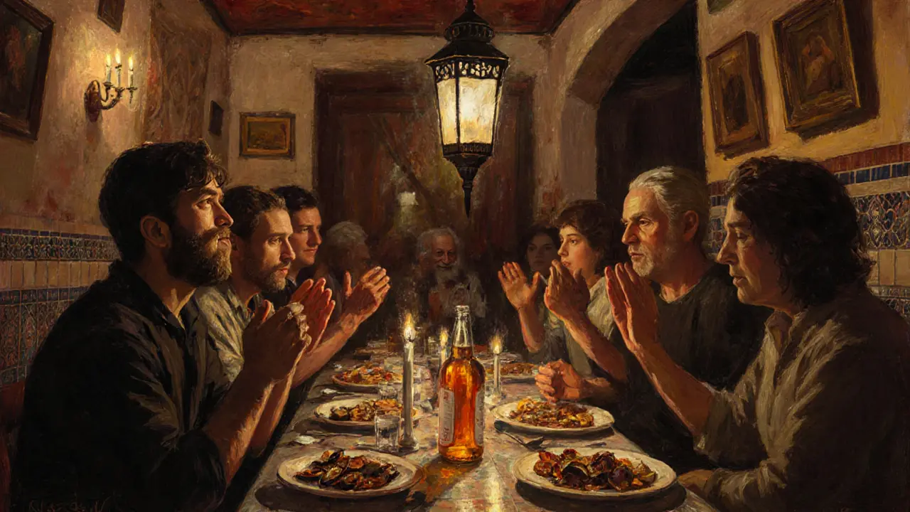 Candlelit meyhane with locals sharing food and singing in a warm, traditional Turkish setting.