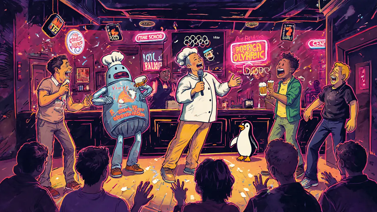 Comedians improvising a wild scene with a toaster and penguin as audience laughs around them.