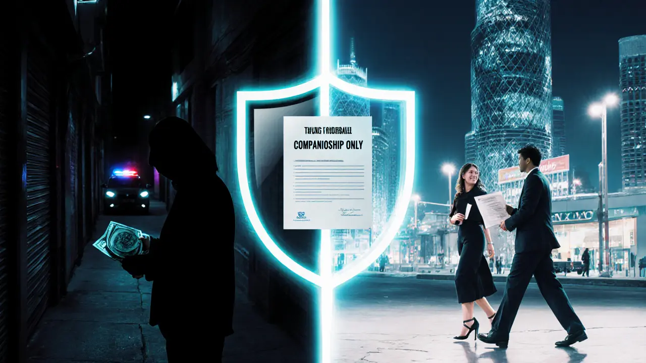 Conceptual split image: illegal activity on one side, safe companionship under Dubai Mall lights on the other.