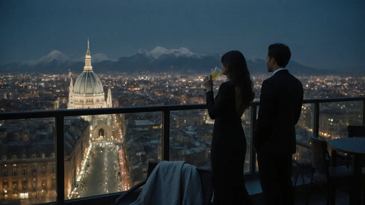 Couples overlooking Milan’s skyline from a rooftop bar at night with Duomo in view