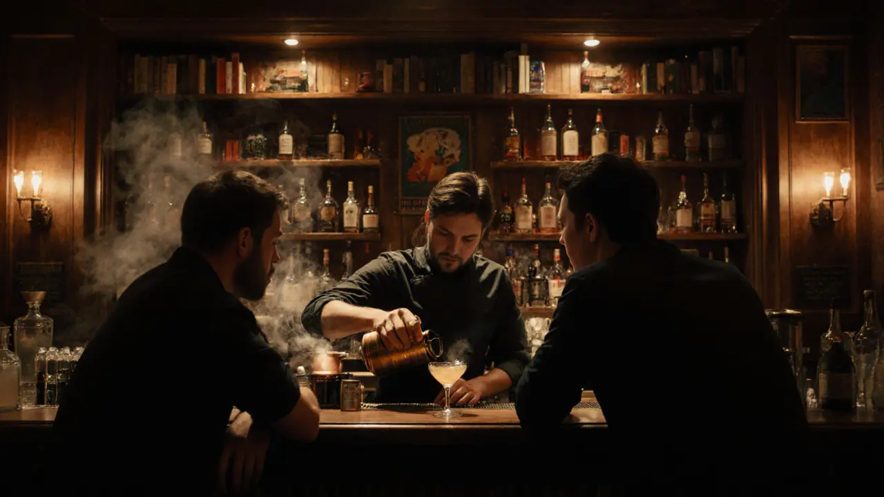Cozy bar interior with bartender pouring a craft cocktail at 2 a.m.