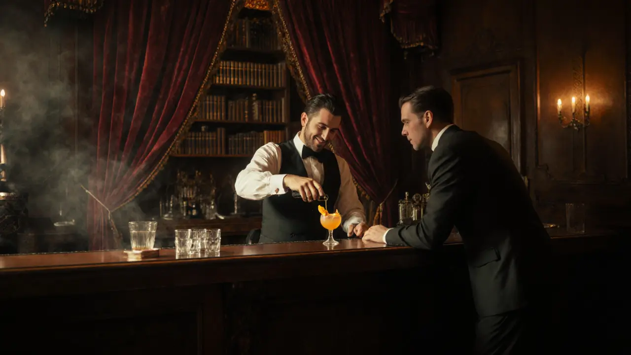 Cozy speakeasy bar with vintage glassware and dim lighting behind a hidden bookshelf