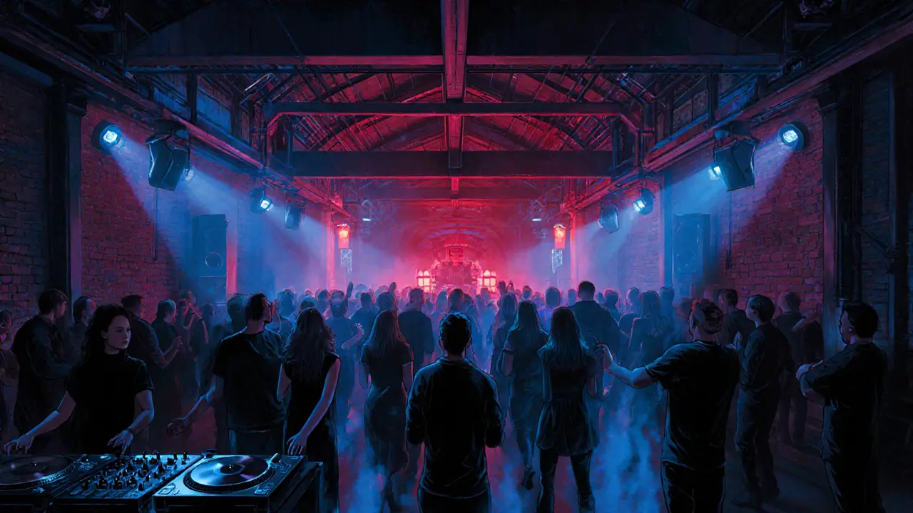 Crowd dancing in a dim industrial nightclub with powerful sound system and moody lights