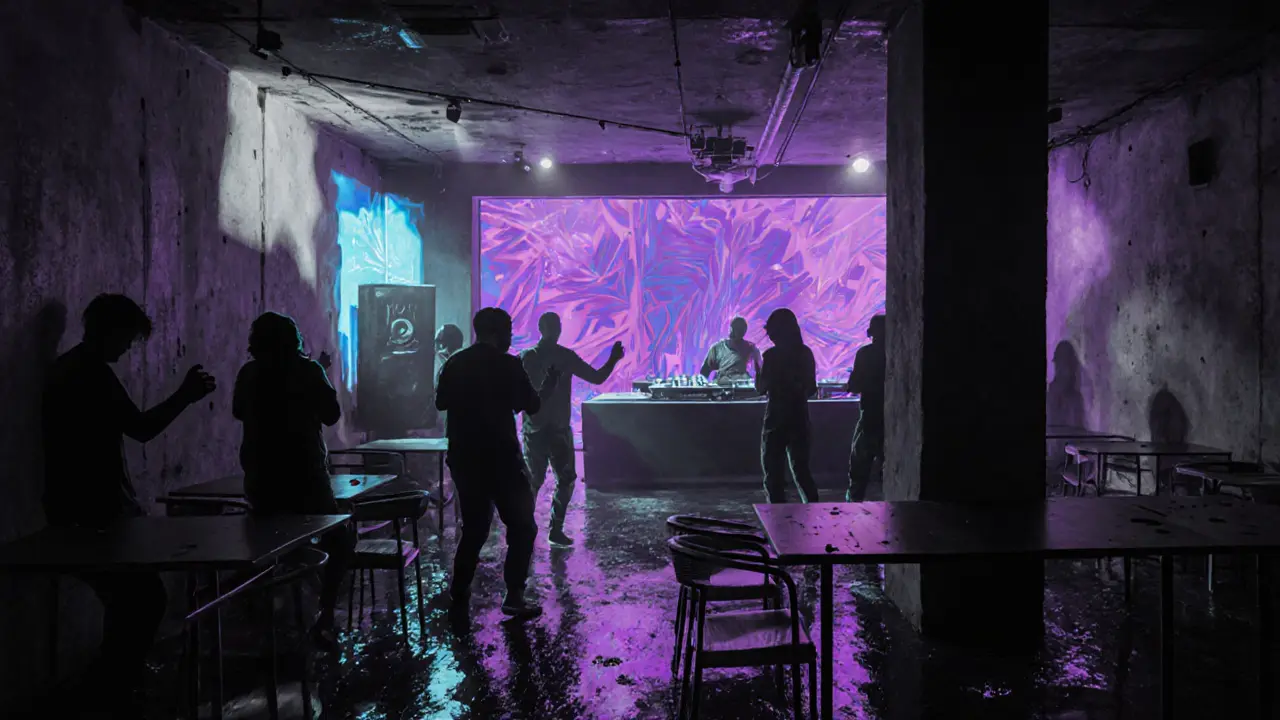 Crowd dancing in a warehouse club with bass vibrations and strobe lights casting dramatic shadows.