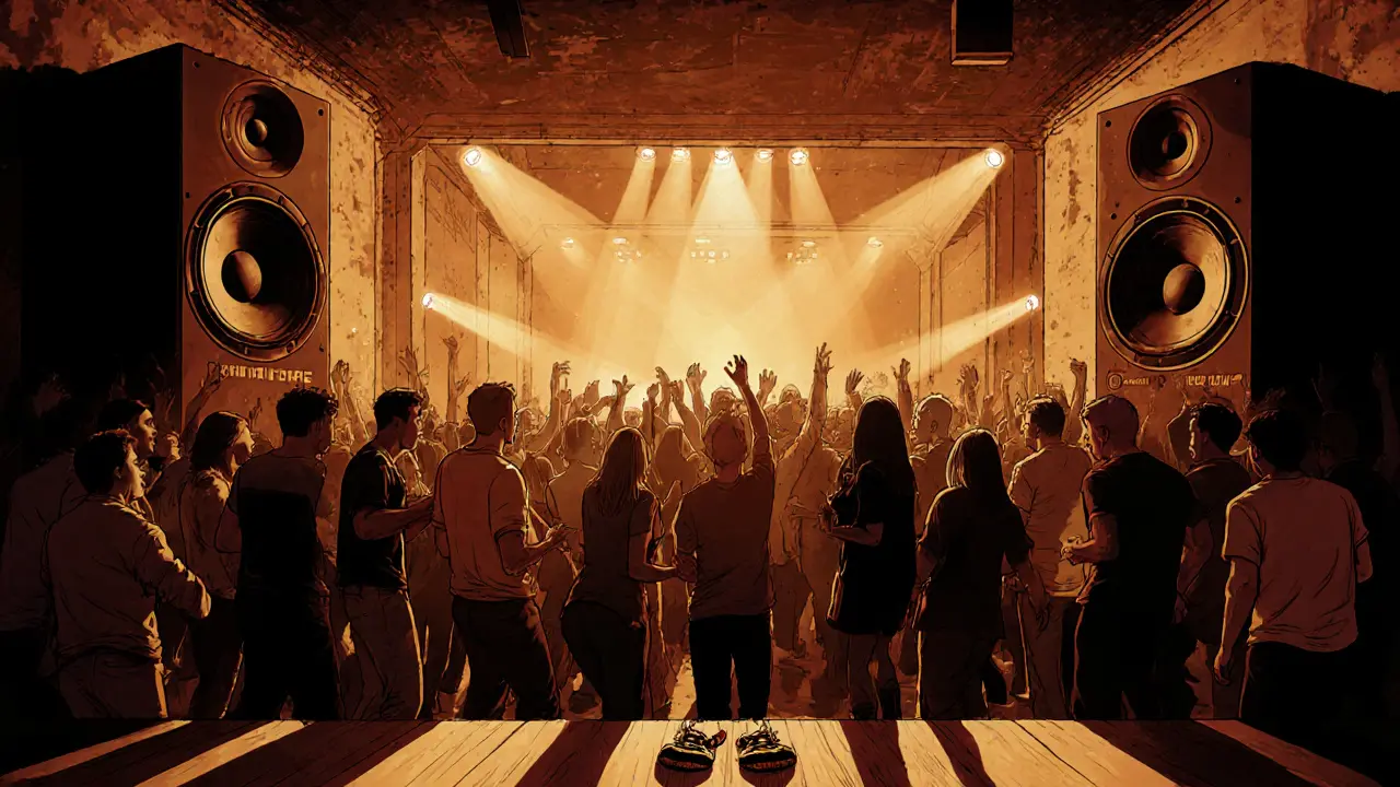 Dancers moving on the floor at The Nest, sticky shoes near the exit in a converted cinema.