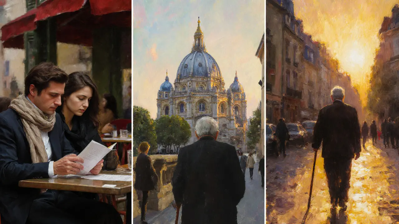 Diverse individuals experience quiet moments of solitude and reflection across iconic Parisian locations at sunset.