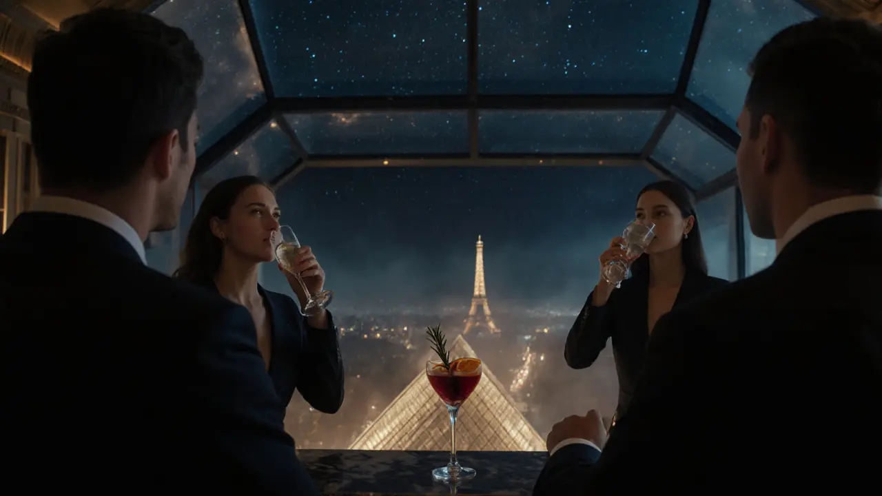 Elegant glass-roofed bar with champagne glasses, glowing Louvre in the distance, misty night sky.
