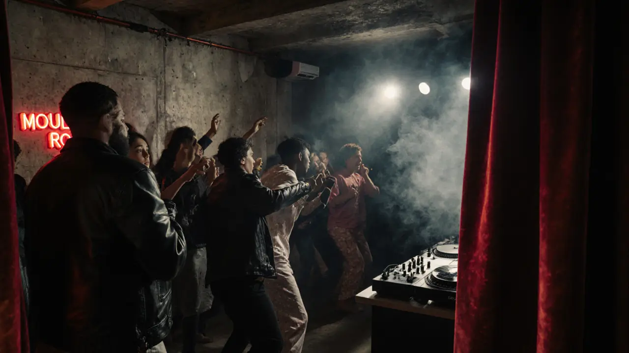 Hidden basement club beneath Moulin Rouge with dancers under strobe lights.