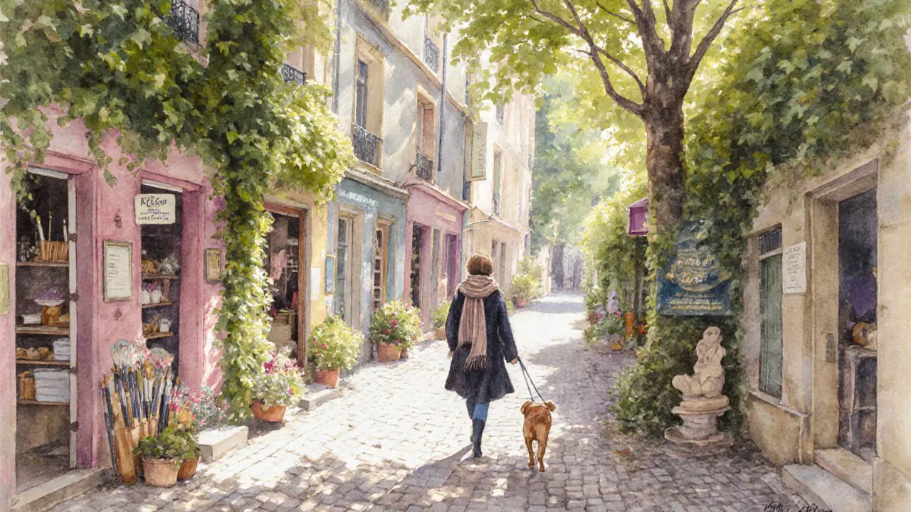 Hidden garden street with colorful houses and ivy, peaceful and untouched by tourists.