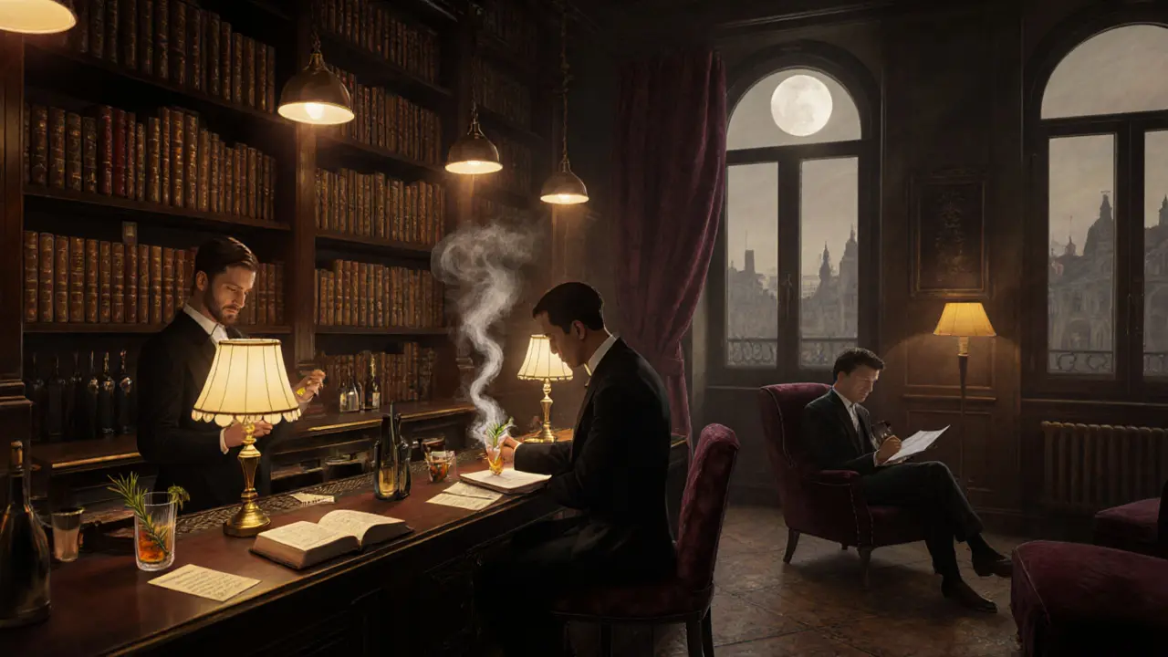 Hidden speakeasy bar La Soffitta with books, cocktails, and warm lamplight in a library setting.