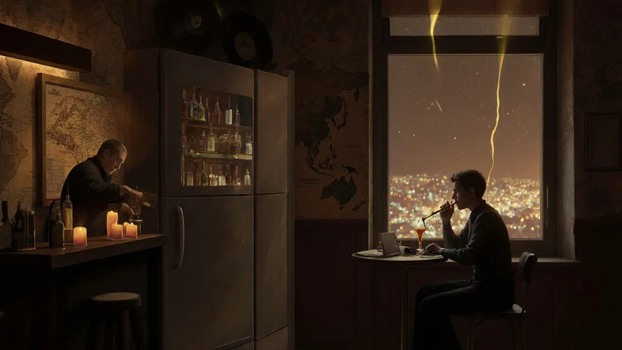 Hidden speakeasy interior with vintage maps, candlelight, and a bartender mixing a drink under soft golden glow.