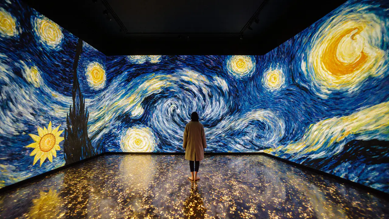 Immersive digital art installation where Van Gogh&#039;s paintings swirl across walls and floor.