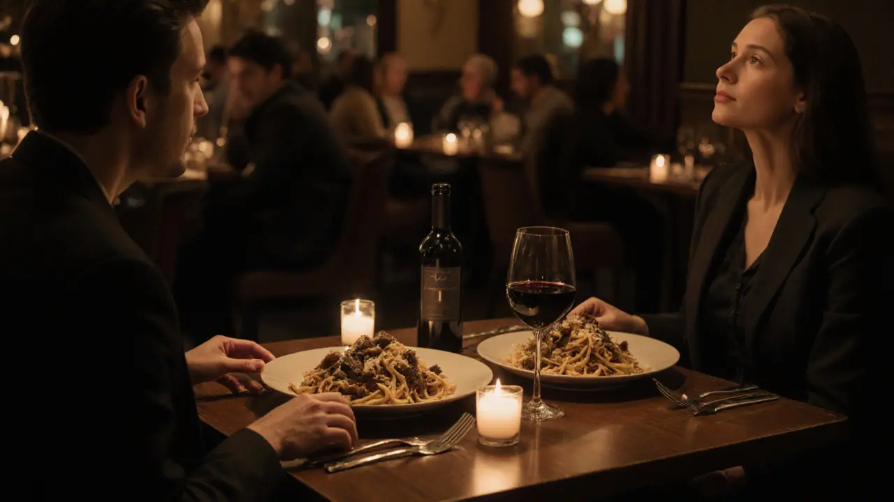 Intimate dinner at The Ivy Market Grill with shared pasta and candlelight, soft focus on a quiet couple.