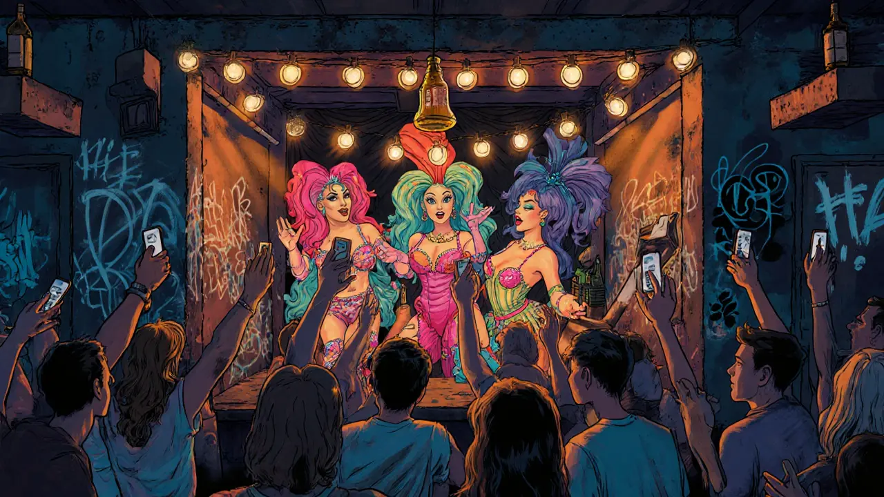 Intimate drag show at Le Poubelle bar with colorful costumes and cheering crowd under flickering lights.