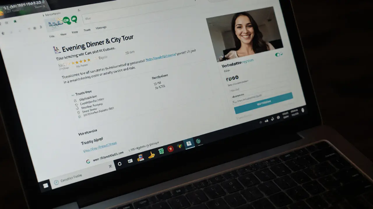 Laptop screen showing a professional escort agency's website with clear service descriptions and verified reviews.