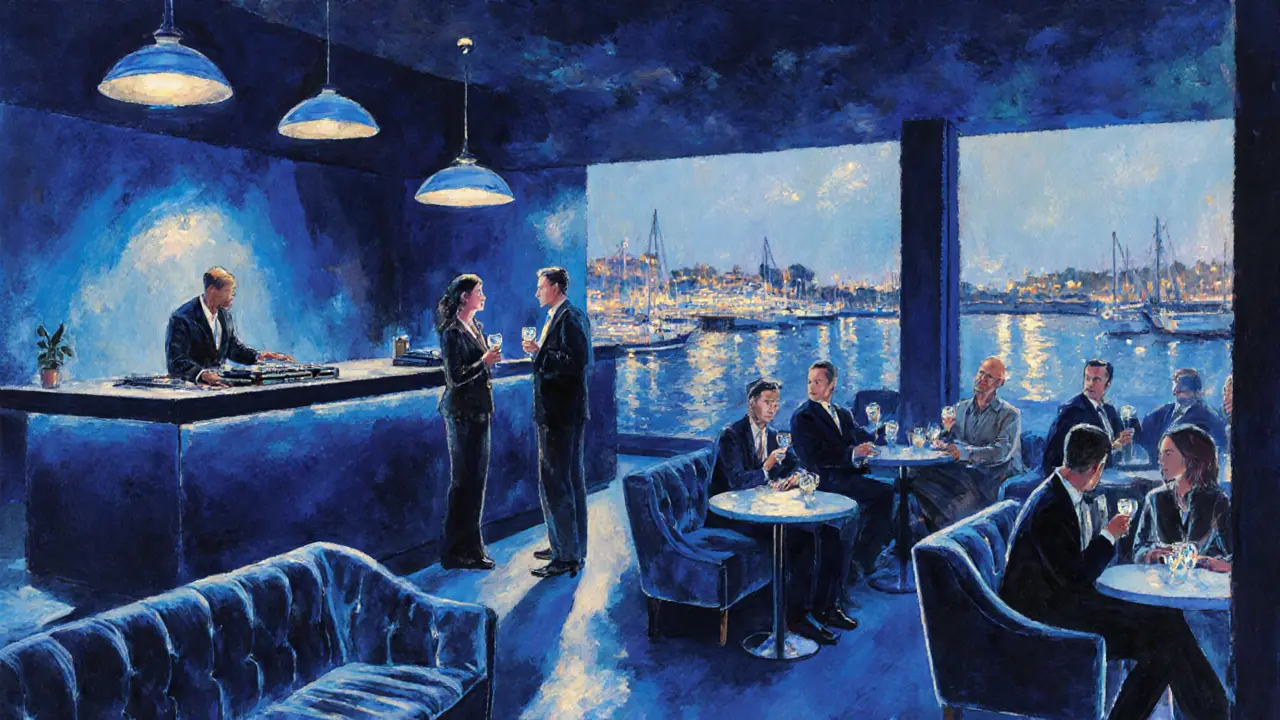 People relaxing in a stylish lounge with soft lighting and a waterfront view.