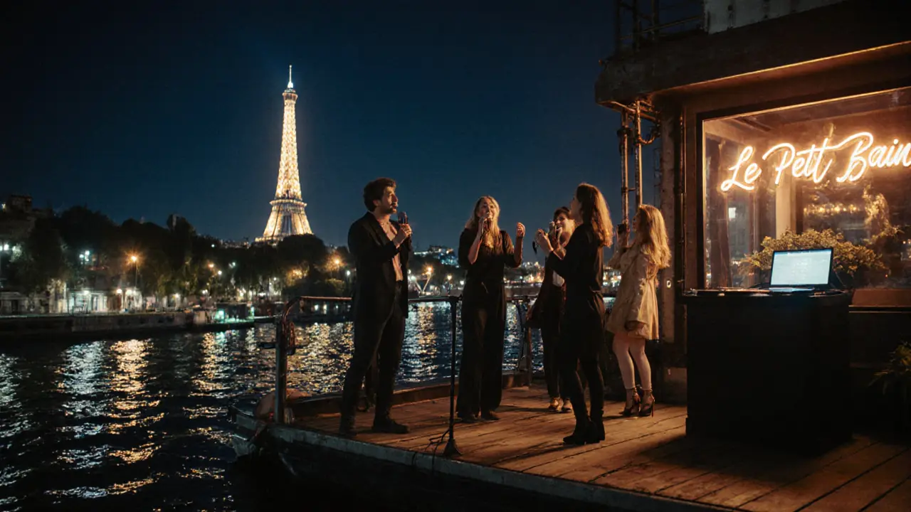 People singing karaoke on a boat on the Seine with the Eiffel Tower sparkling in the background.