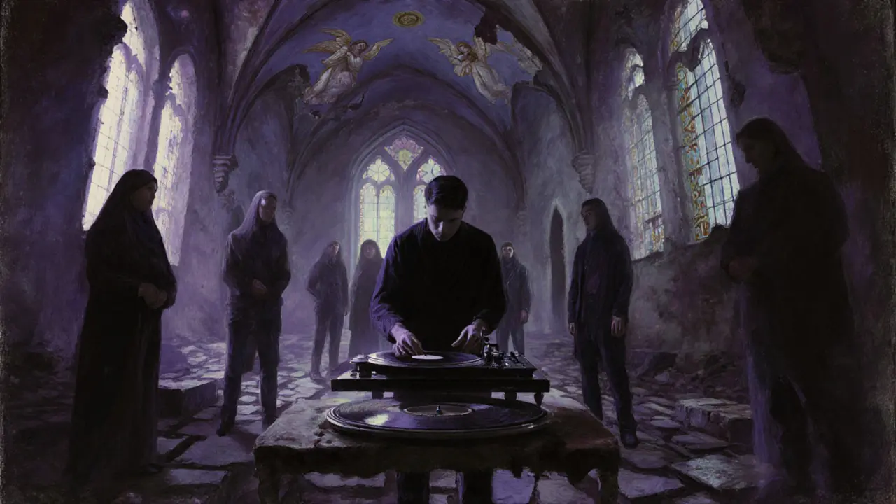 People standing silently in a crypt with tombstone floors and faded angels on the ceiling, vinyl record spinning.