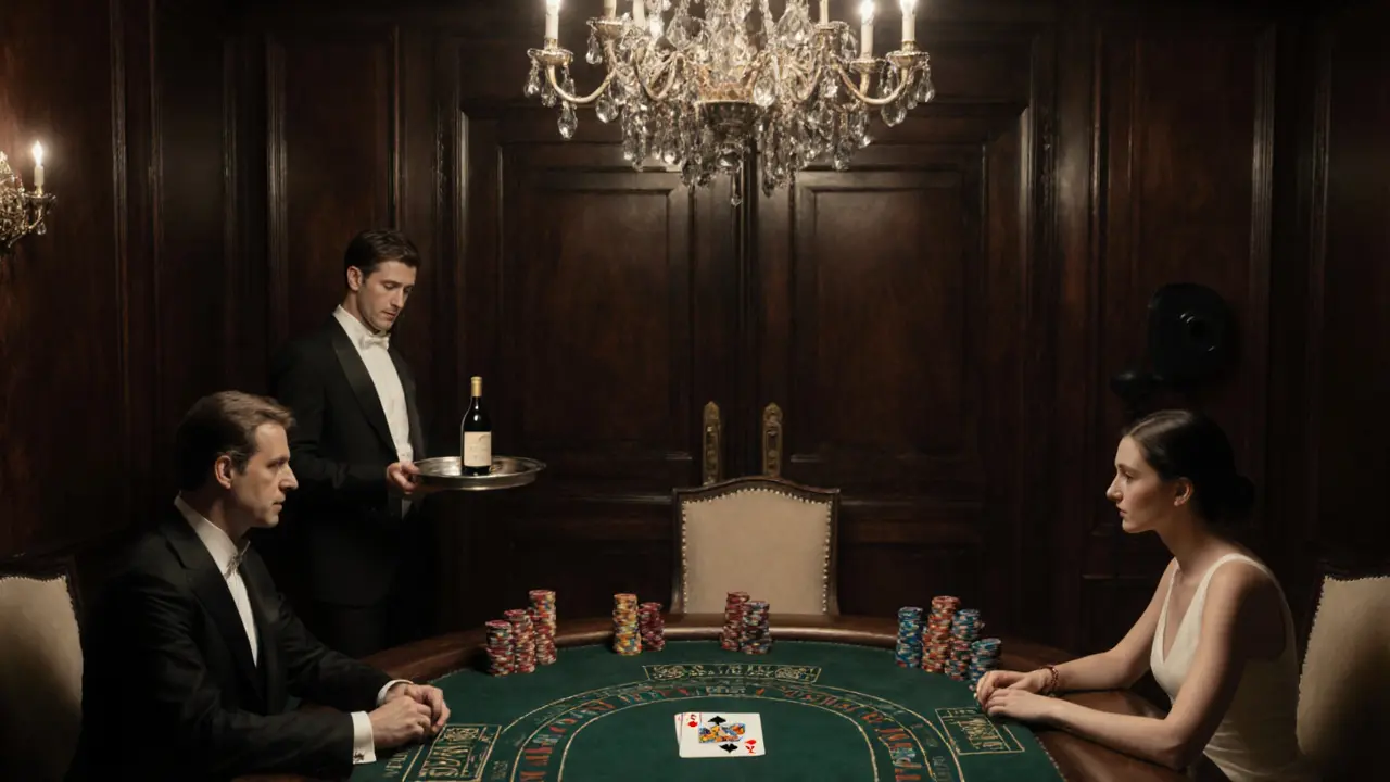 Private casino room with high-stakes baccarat game, elegant figures seated in quiet concentration.