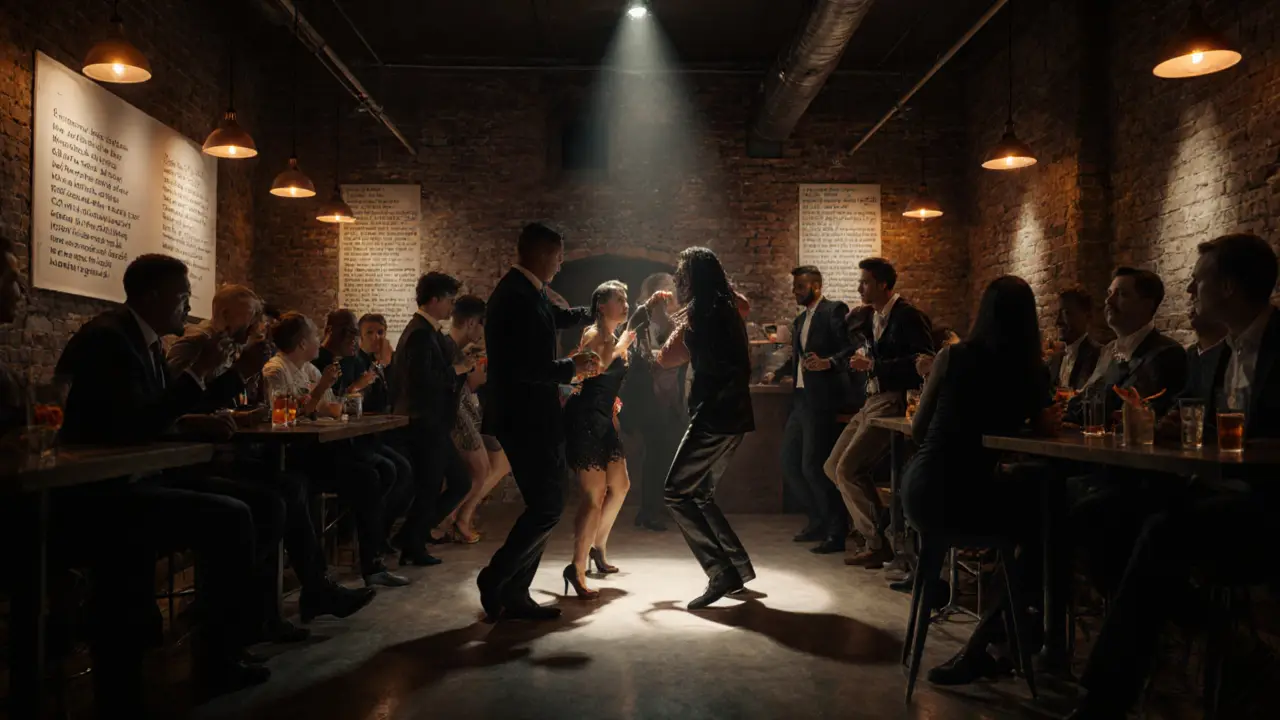 Queer art space in Belleville with projections, dancing patrons, and a spoken word artist in spotlight.