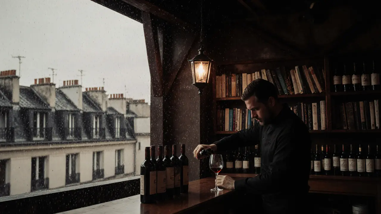 Quiet wine bar with wooden beams and vintage books, sommelier pouring natural wine by lantern light.