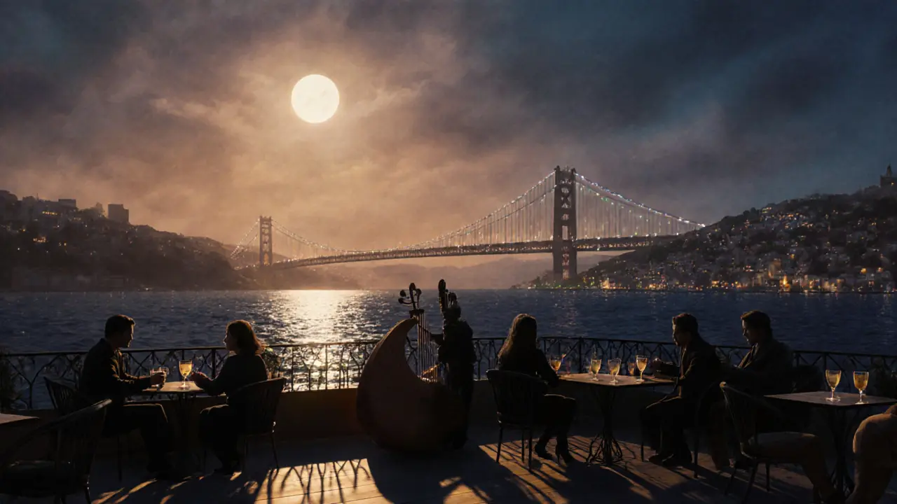 Rooftop bar on the Bosphorus at midnight with city lights reflecting on water and an oud player in silhouette.