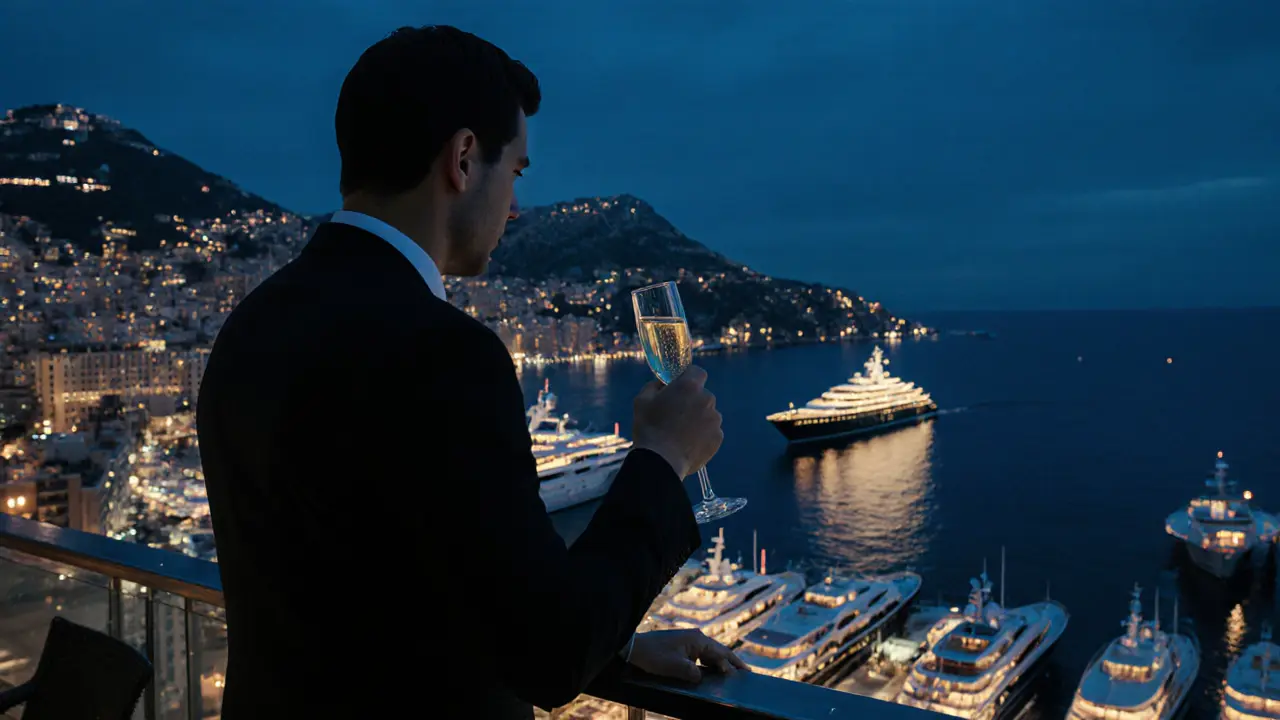Silhouetted figure at a rooftop bar overlooking Monaco’s harbor at night, yachts glowing in the distance.