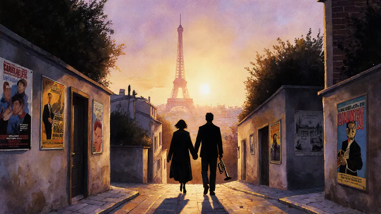 Silhouettes walk together through Montmartre at dusk, hidden courtyards and distant Eiffel Tower glowing softly.