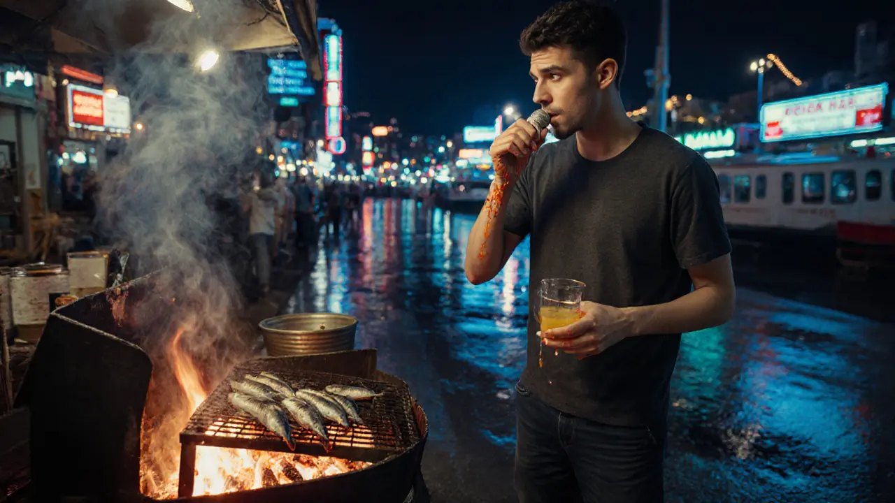 Street vendor grilling sardines at midnight in Kadıköy Fish Market, with a local eating a fish sandwich.