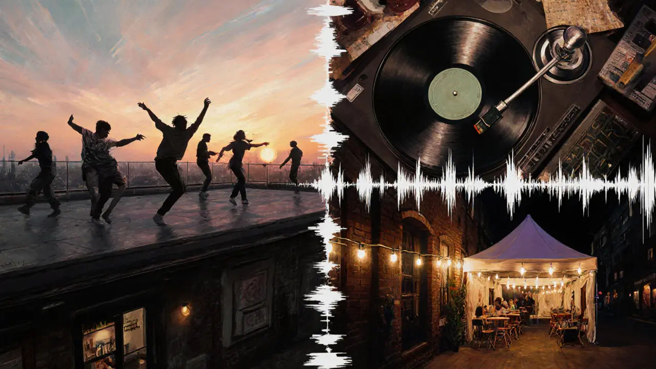 Sunrise over London’s underground dance spots: rooftop, vinyl turntable, and pop-up tent.