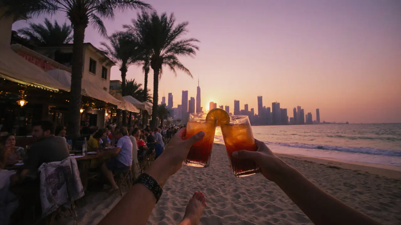 Sunset at Barasti Beach with people drinking cocktails and ocean waves in the background.
