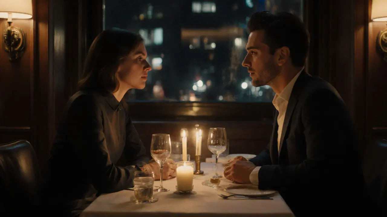 Two individuals in a refined London restaurant sharing quiet, respectful conversation over candlelight.