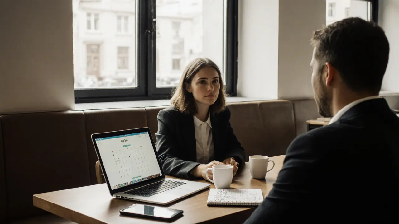 Two people having a calm conversation in a Berlin café, professional and respectful atmosphere.