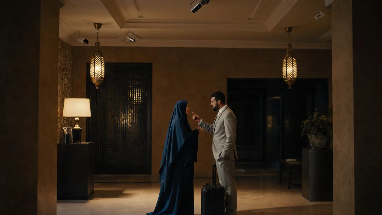 Two people in a luxury hotel lobby, maintaining respectful distance, under soft lighting and subtle surveillance cameras.