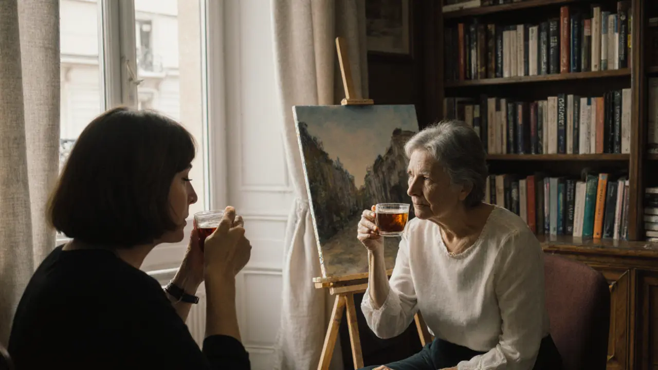 Two people sit quietly over tea in a sunlit Parisian apartment, a painting visible on an easel beside them.