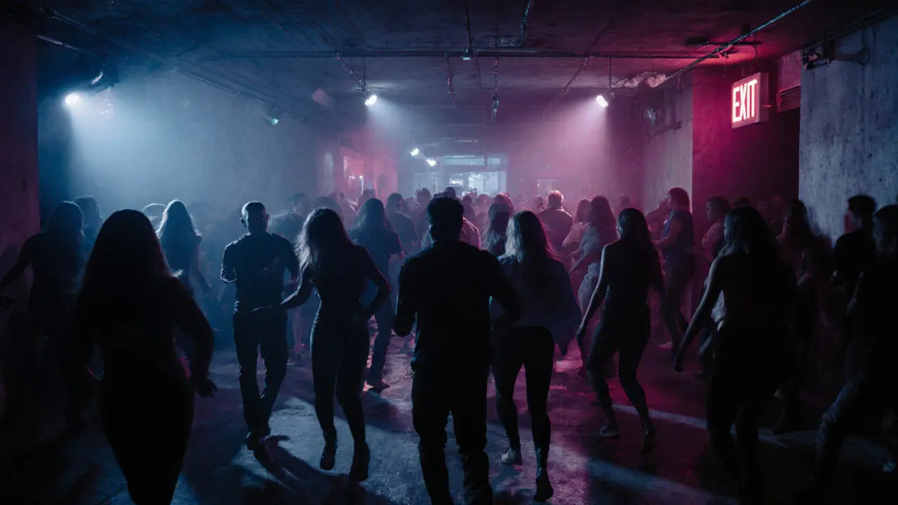 Underground club Armani/Silos with dancers under moody colored lights in a concrete space.