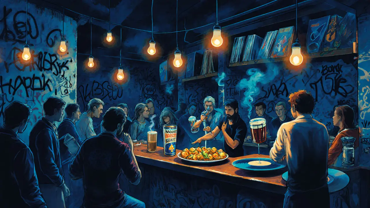 Vibrant underground bar in Navigli with graffiti walls and people enjoying beer and fried snacks.