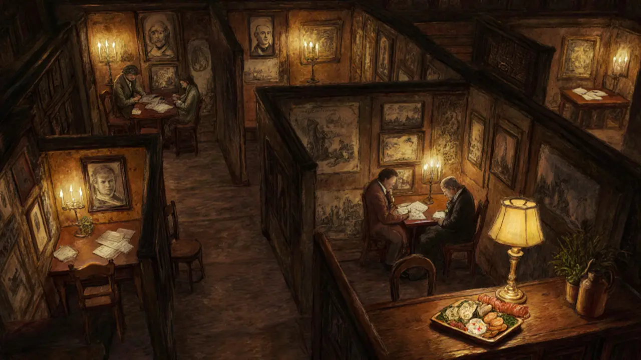 Ye Olde Cheshire Cheese’s candlelit rooms with literary figures writing at wooden tables.