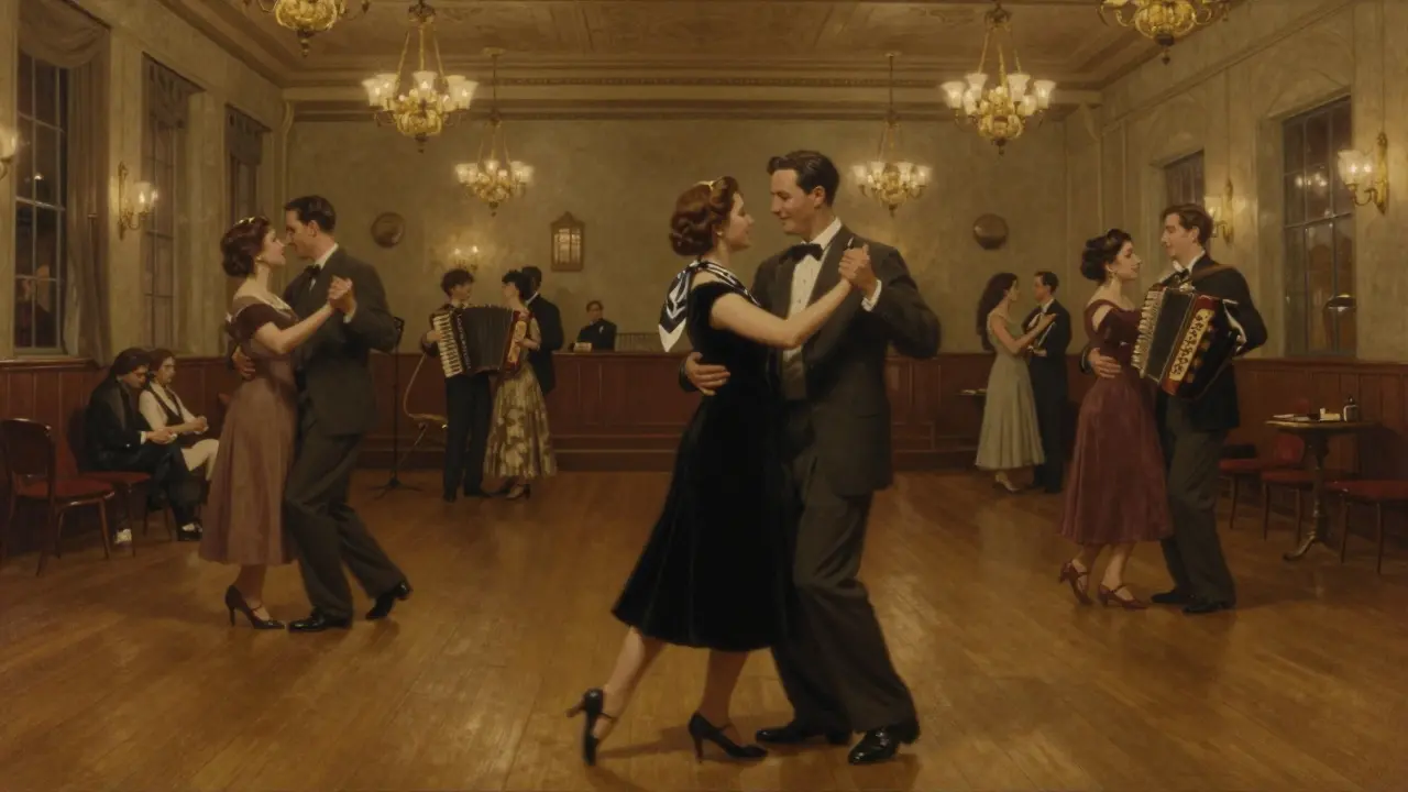 A couple dancing gently in a historic ballroom with vintage chandeliers.